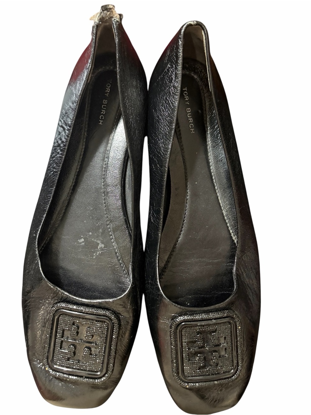 Tory Burch Black Leather Logo Toe Ballet Flats